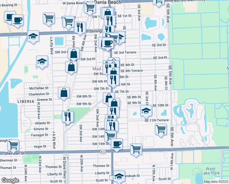 map of restaurants, bars, coffee shops, grocery stores, and more near in Dania Beach