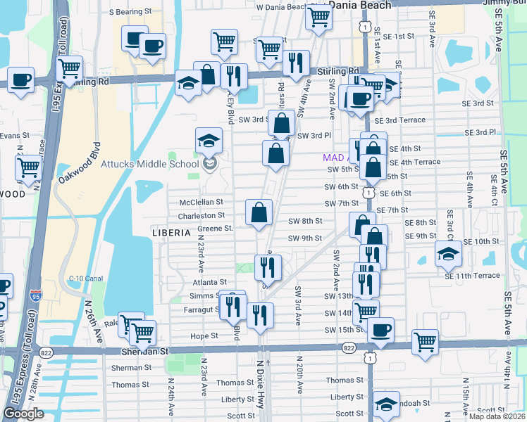 map of restaurants, bars, coffee shops, grocery stores, and more near 615 Phippen Waiters Road in Dania Beach