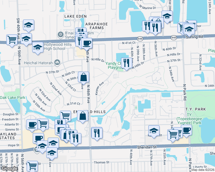 map of restaurants, bars, coffee shops, grocery stores, and more near 3501 Keyser Avenue in Hollywood