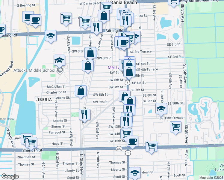 map of restaurants, bars, coffee shops, grocery stores, and more near 38 Southwest 7th Street in Dania Beach