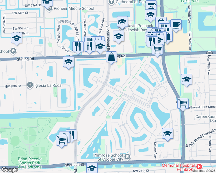 map of restaurants, bars, coffee shops, grocery stores, and more near 3925 Northwest 87th Avenue in Hollywood