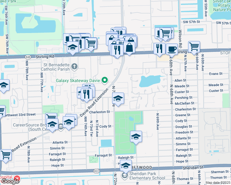 map of restaurants, bars, coffee shops, grocery stores, and more near 7150 Meade Street in Hollywood