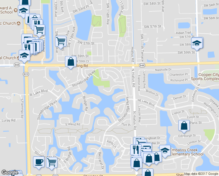 map of restaurants, bars, coffee shops, grocery stores, and more near 11375 Lakeshore Drive in Hollywood