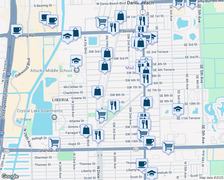 map of restaurants, bars, coffee shops, grocery stores, and more near 266 Southwest 7th Street in Dania Beach