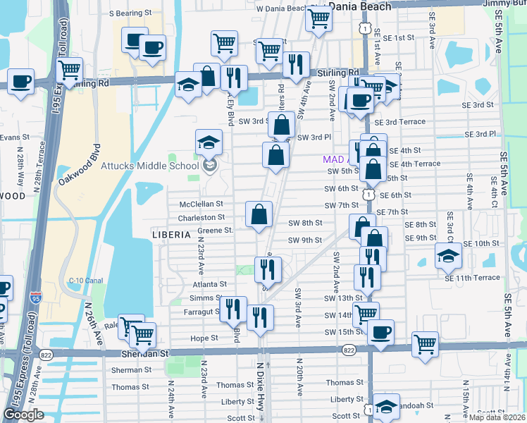 map of restaurants, bars, coffee shops, grocery stores, and more near 615 Phippen Waiters Road in Dania Beach