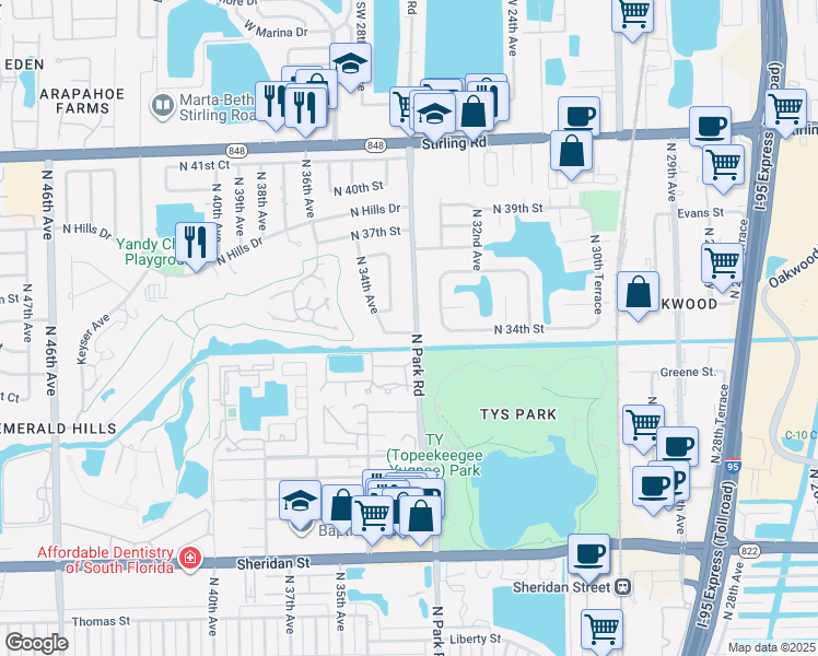 map of restaurants, bars, coffee shops, grocery stores, and more near 3480 North Park Road in Hollywood