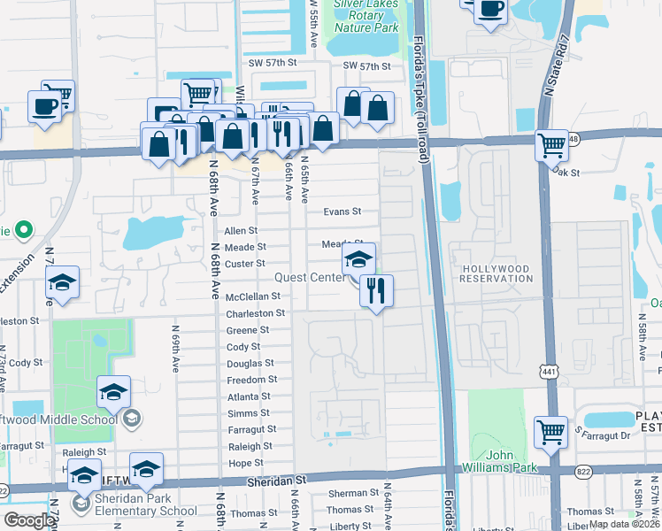 map of restaurants, bars, coffee shops, grocery stores, and more near 6433 Custer Street in Hollywood