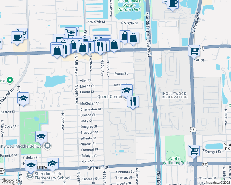 map of restaurants, bars, coffee shops, grocery stores, and more near 6467 Custer Street in Hollywood