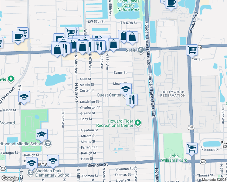 map of restaurants, bars, coffee shops, grocery stores, and more near 6467 Custer Street in Hollywood