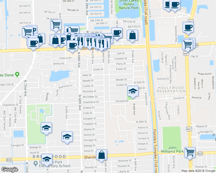 map of restaurants, bars, coffee shops, grocery stores, and more near 6467 Custer Street in Hollywood