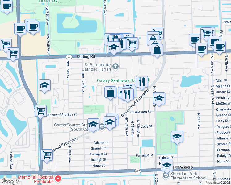 map of restaurants, bars, coffee shops, grocery stores, and more near Travis Court in Hollywood