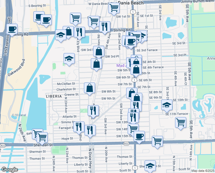 map of restaurants, bars, coffee shops, grocery stores, and more near 266 Southwest 7th Street in Dania Beach
