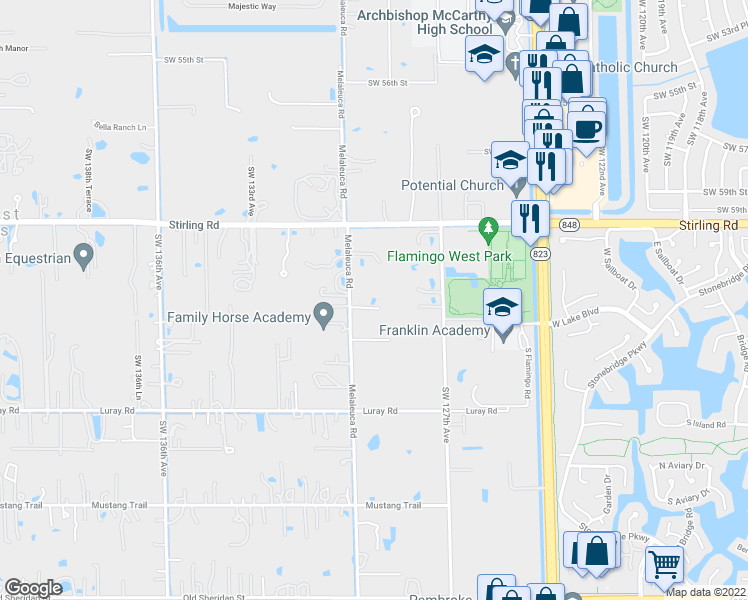 map of restaurants, bars, coffee shops, grocery stores, and more near 6220 Melaleuca Road in Southwest Ranches