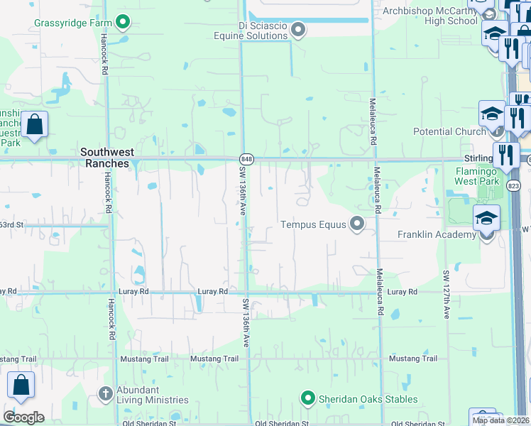 map of restaurants, bars, coffee shops, grocery stores, and more near 13500 Stirling Road in Southwest Ranches