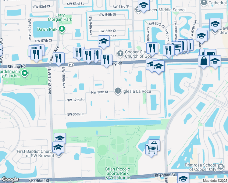 map of restaurants, bars, coffee shops, grocery stores, and more near 3800 Northwest 94th Avenue in Hollywood