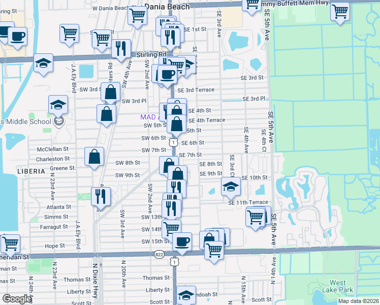 map of restaurants, bars, coffee shops, grocery stores, and more near 31 Southeast 7th Street in Dania Beach