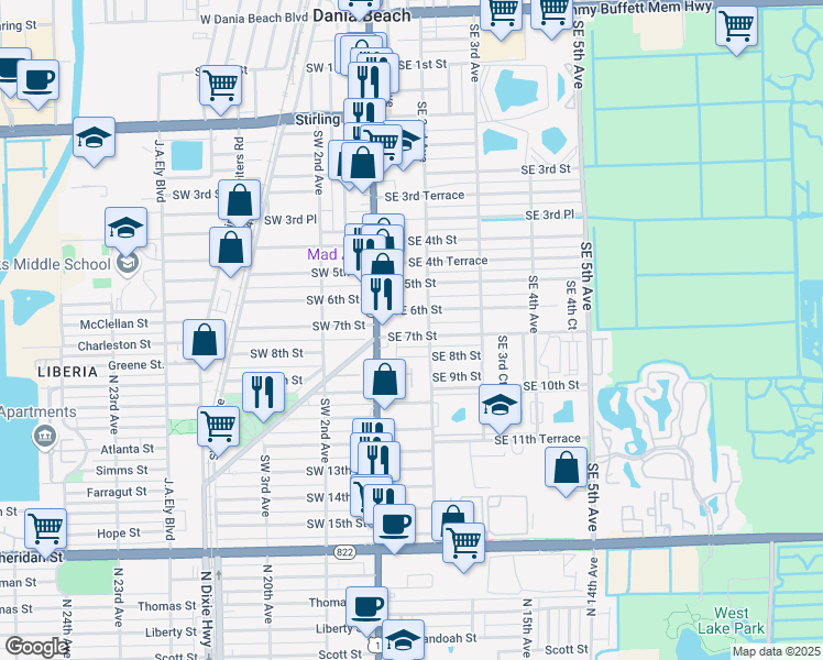 map of restaurants, bars, coffee shops, grocery stores, and more near 31 Southeast 7th Street in Dania Beach