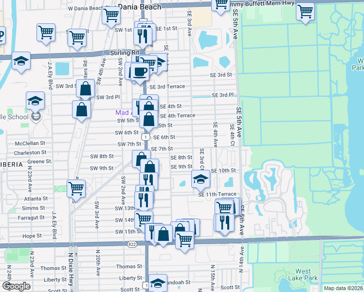 map of restaurants, bars, coffee shops, grocery stores, and more near 219 Southeast 7th Street in Dania Beach