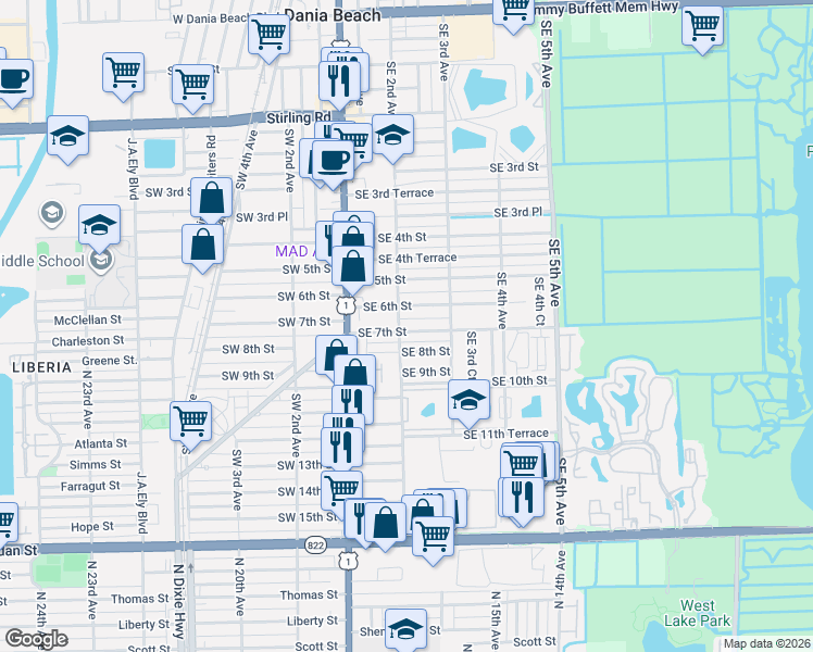 map of restaurants, bars, coffee shops, grocery stores, and more near 219 Southeast 7th Street in Dania Beach