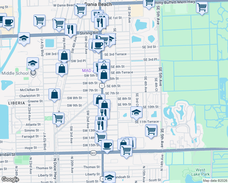 map of restaurants, bars, coffee shops, grocery stores, and more near 31 Southeast 7th Street in Dania Beach