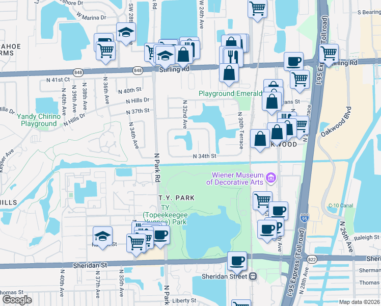 map of restaurants, bars, coffee shops, grocery stores, and more near 3157 North 34th Street in Hollywood