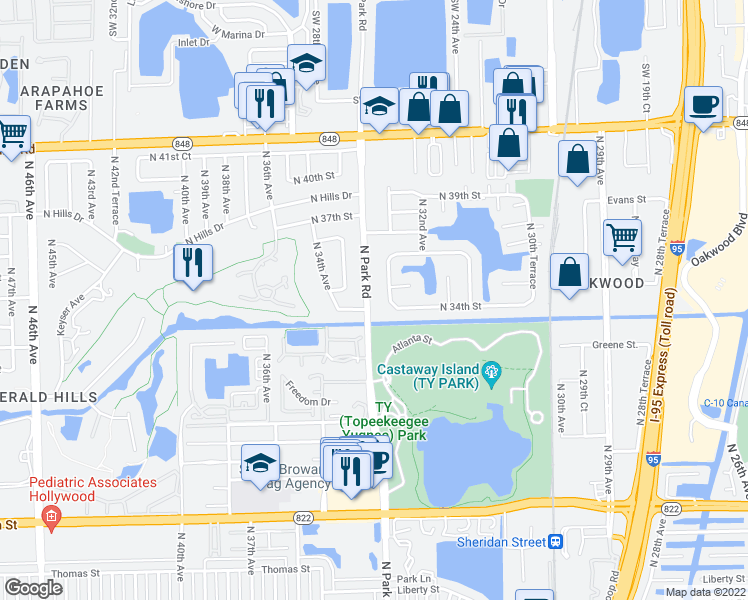 map of restaurants, bars, coffee shops, grocery stores, and more near 3480 North Park Road in Hollywood