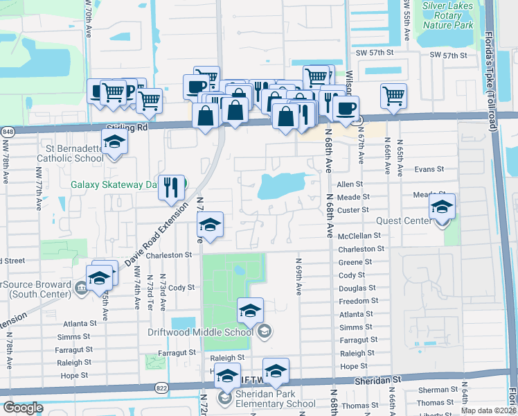 map of restaurants, bars, coffee shops, grocery stores, and more near 466 Briarwood Circle in Hollywood