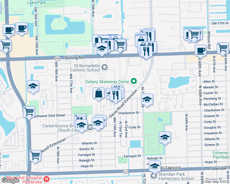 map of restaurants, bars, coffee shops, grocery stores, and more near 7391 Northwest 37th Street in Hollywood