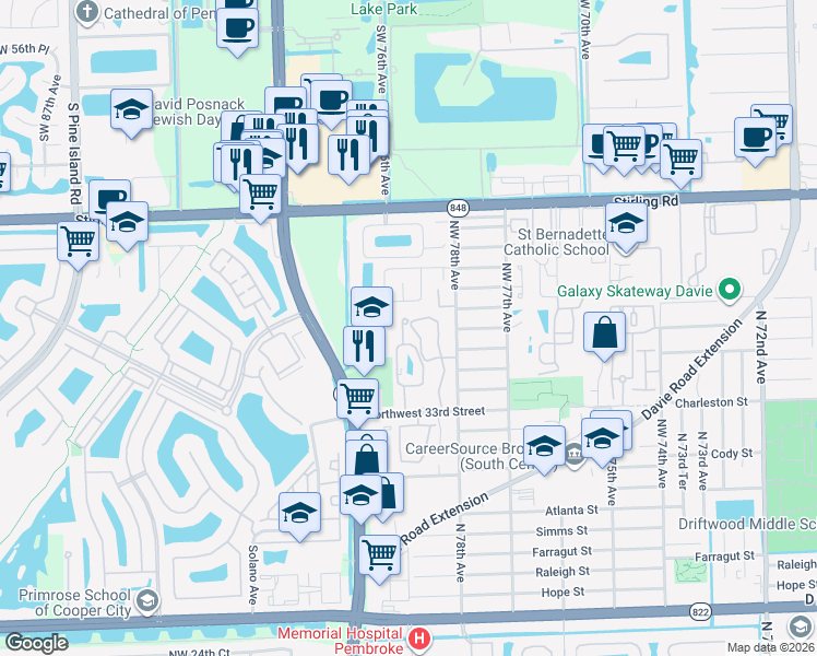 map of restaurants, bars, coffee shops, grocery stores, and more near 3703 Northwest 79th Way in Hollywood