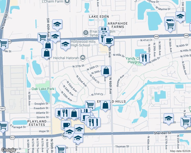 map of restaurants, bars, coffee shops, grocery stores, and more near 4901 North 35th Street in Hollywood