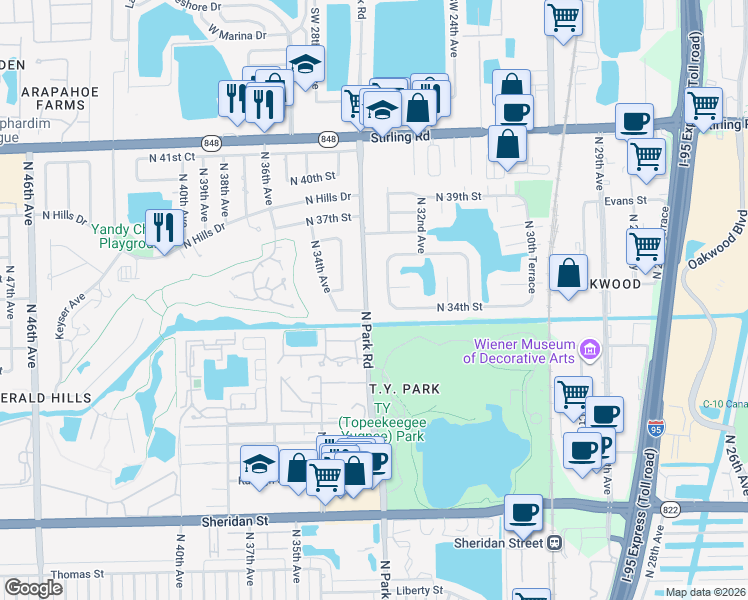 map of restaurants, bars, coffee shops, grocery stores, and more near 3480 North Park Road in Hollywood
