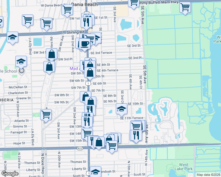 map of restaurants, bars, coffee shops, grocery stores, and more near 219 Southeast 7th Street in Dania Beach