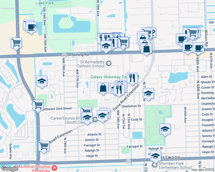 map of restaurants, bars, coffee shops, grocery stores, and more near Travis Court in Hollywood