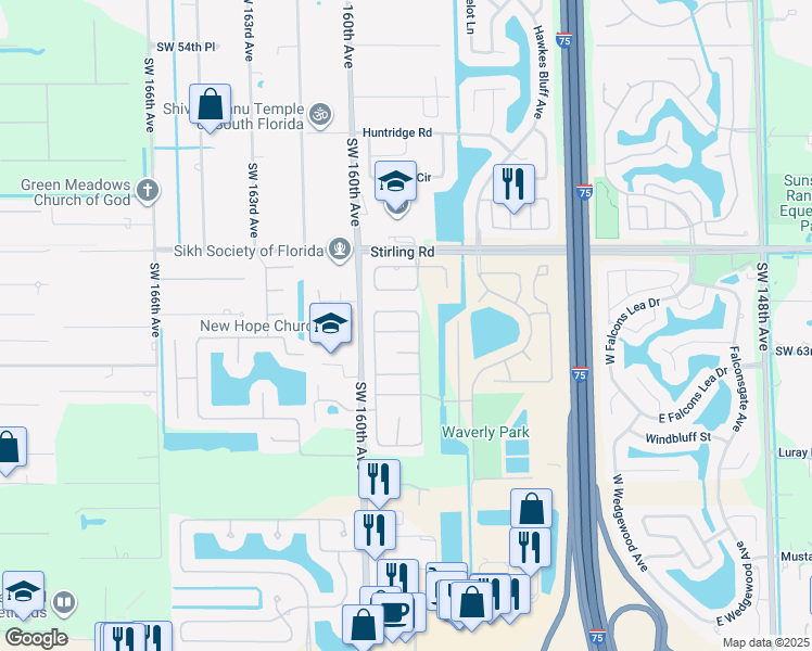 map of restaurants, bars, coffee shops, grocery stores, and more near 15823 Stonetower Street in Davie