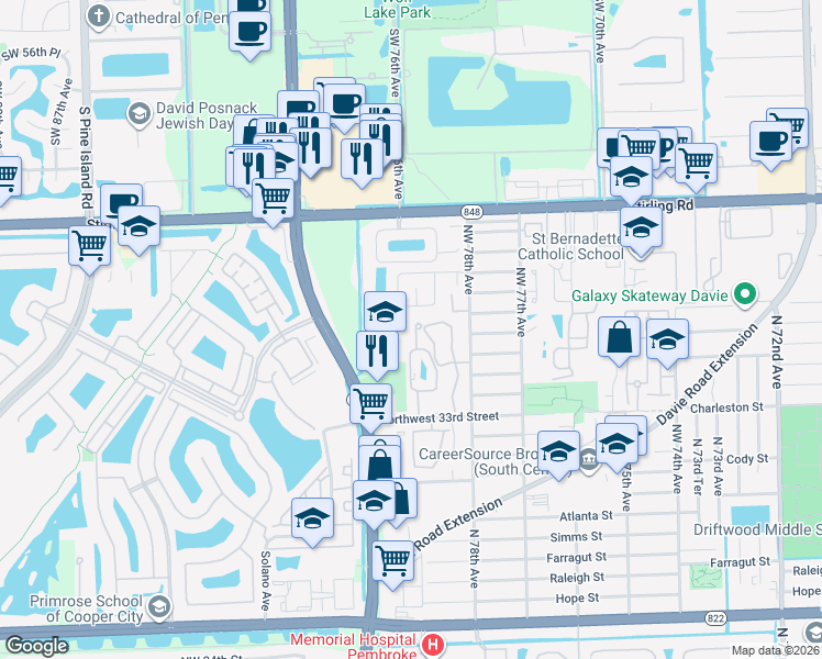 map of restaurants, bars, coffee shops, grocery stores, and more near 3703 Northwest 79th Way in Hollywood