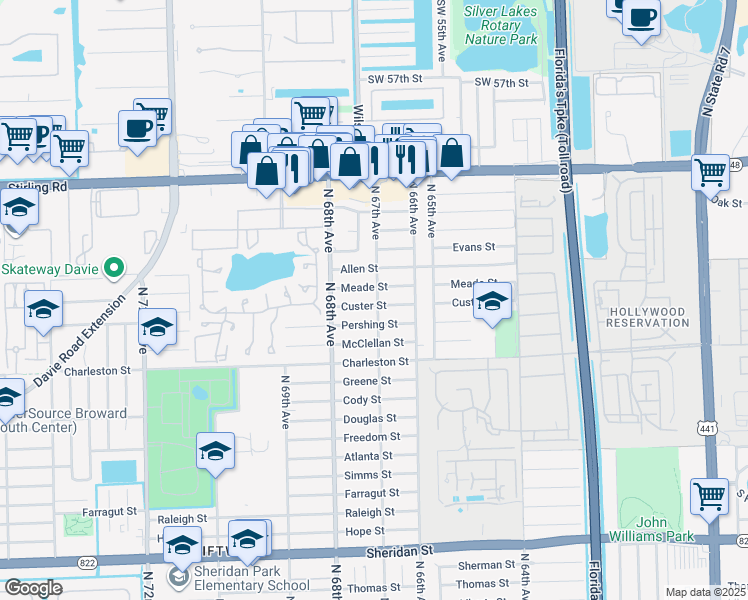 map of restaurants, bars, coffee shops, grocery stores, and more near 6701 Custer Street in Hollywood
