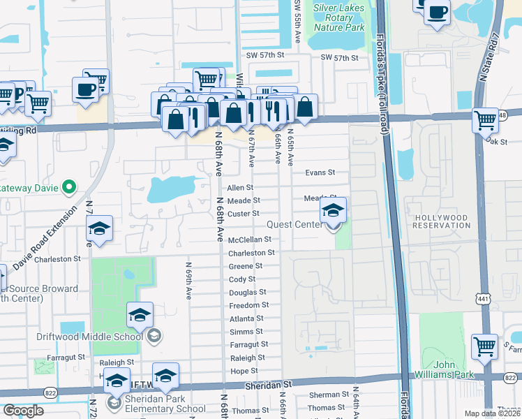 map of restaurants, bars, coffee shops, grocery stores, and more near 6701 Custer Street in Hollywood