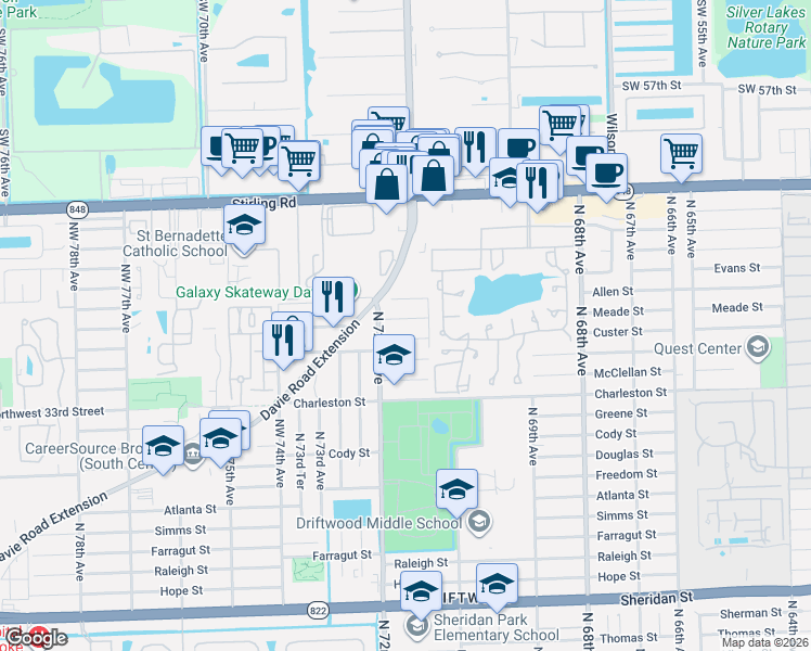 map of restaurants, bars, coffee shops, grocery stores, and more near 7150 Meade Street in Hollywood