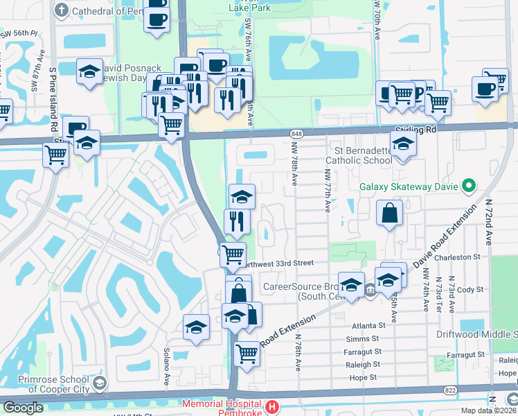 map of restaurants, bars, coffee shops, grocery stores, and more near 3703 Northwest 79th Way in Hollywood