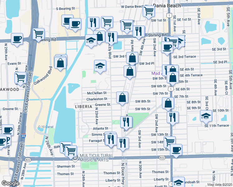 map of restaurants, bars, coffee shops, grocery stores, and more near 713 Southwest 7th Street in Dania Beach