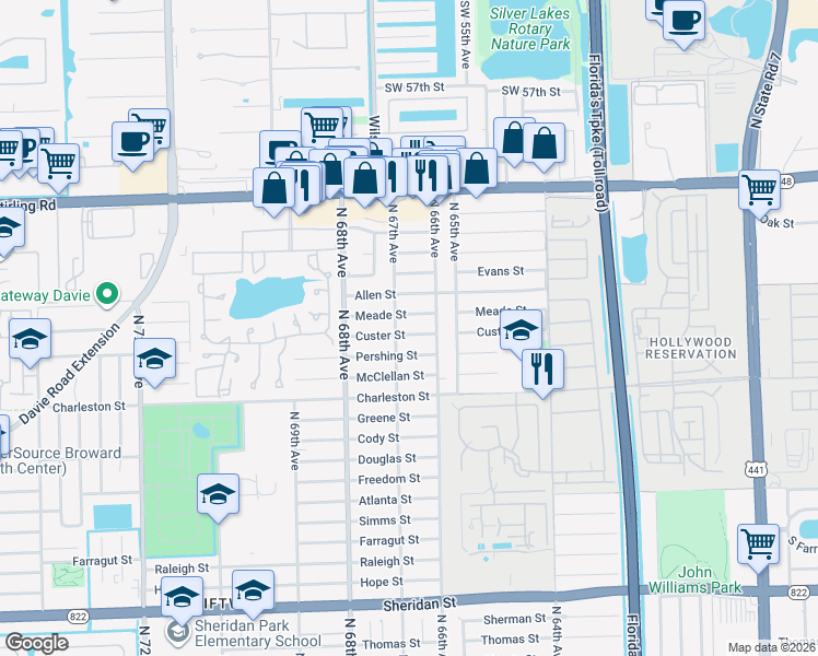 map of restaurants, bars, coffee shops, grocery stores, and more near 6611 Custer Street in Hollywood