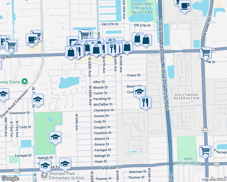 map of restaurants, bars, coffee shops, grocery stores, and more near 6611 Custer Street in Hollywood