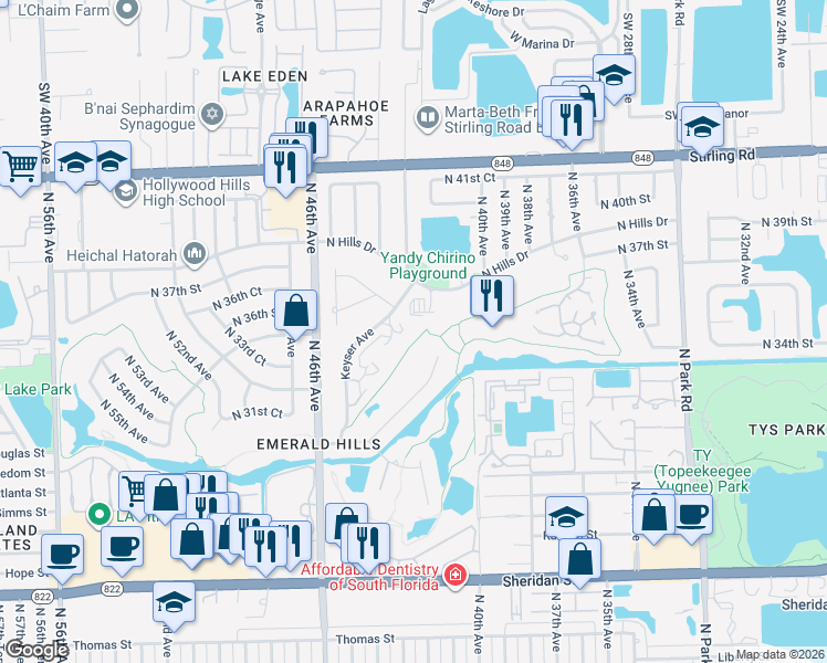 map of restaurants, bars, coffee shops, grocery stores, and more near 3501 Keyser Avenue in Hollywood