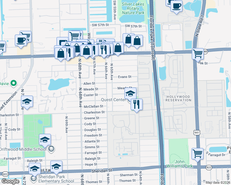 map of restaurants, bars, coffee shops, grocery stores, and more near 6467 Custer St in Hollywood