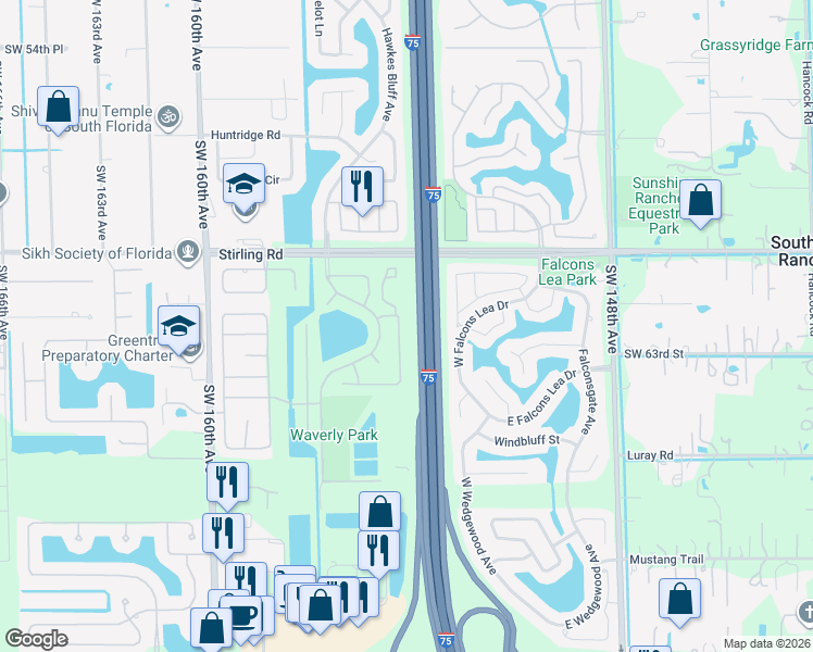 map of restaurants, bars, coffee shops, grocery stores, and more near 6220 Gauntlet Hall Lane in Davie