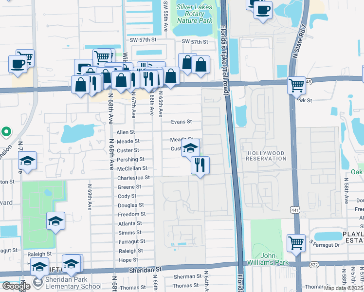map of restaurants, bars, coffee shops, grocery stores, and more near 6433 Custer Street in Hollywood