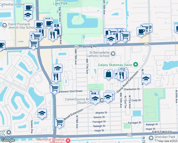 map of restaurants, bars, coffee shops, grocery stores, and more near 3704 Northwest 77th Avenue in Hollywood