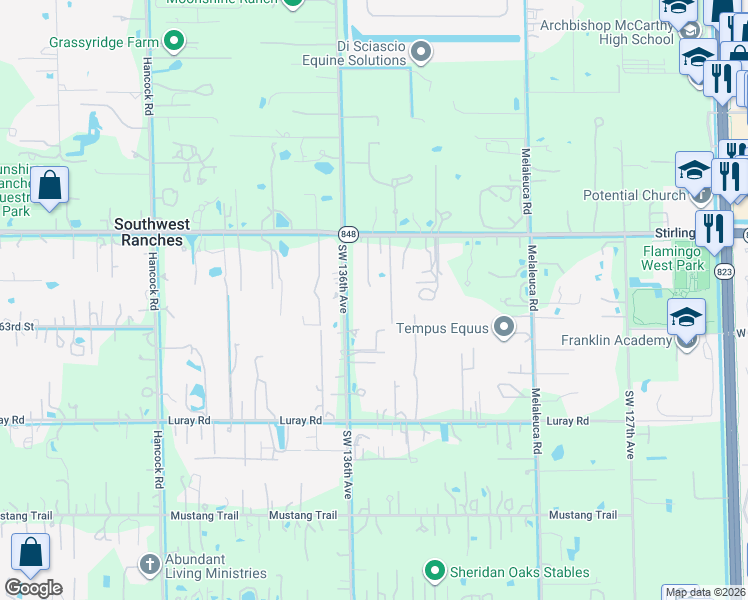 map of restaurants, bars, coffee shops, grocery stores, and more near 13500 Stirling Road in Southwest Ranches