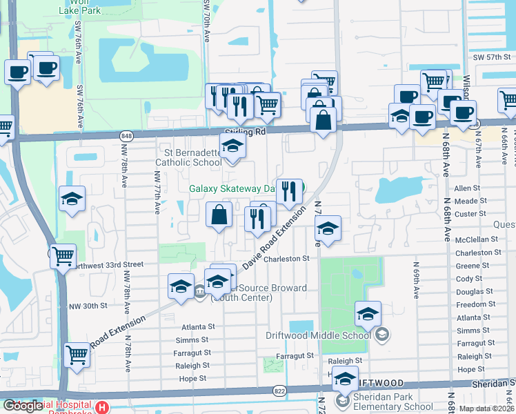 map of restaurants, bars, coffee shops, grocery stores, and more near 7391 Northwest 37th Street in Hollywood