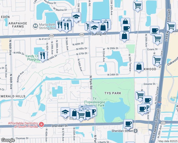 map of restaurants, bars, coffee shops, grocery stores, and more near 3480 North Park Road in Hollywood